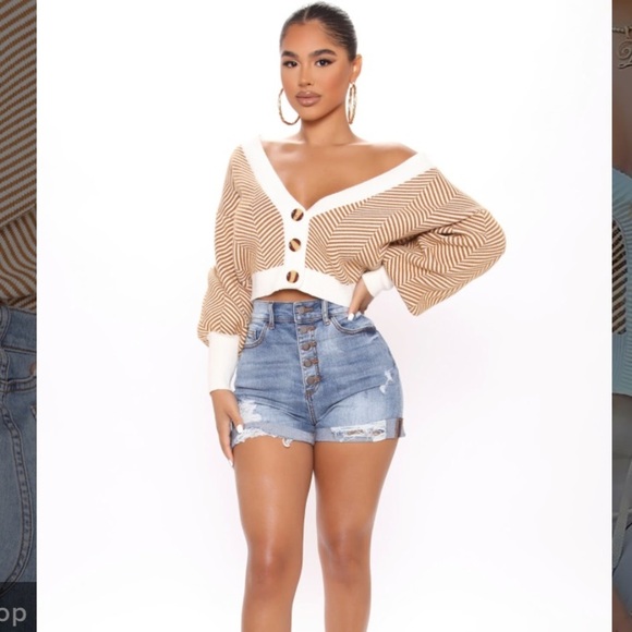 NEW Fashion Nova Brown White Cropped Cardigan Off Shoulder Sweater XS​ - Picture 15 of 15